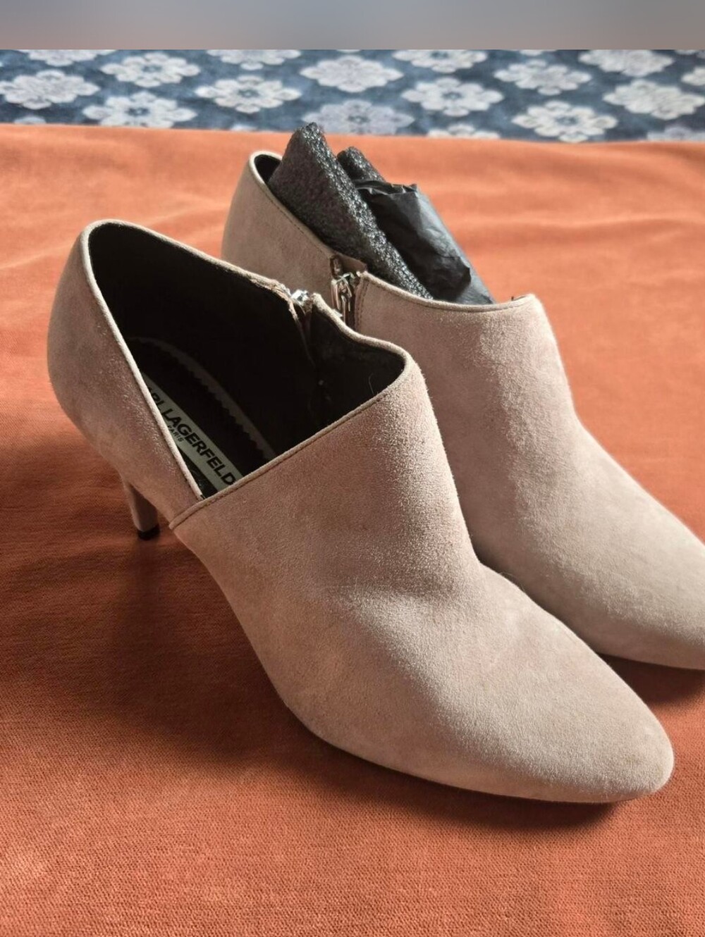 Karl Lagerfeld Taupe Suede Pointed-Toe Heel Booties